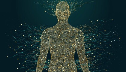 AI Human Wireframe: Data, Digital Soul, and Neural Network Connection