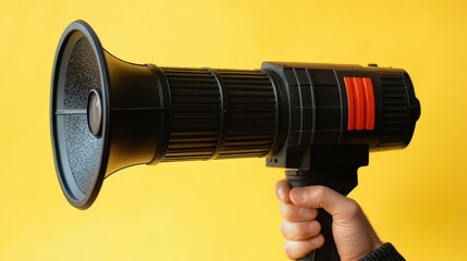 A hand holding a megaphone against a bright yellow background