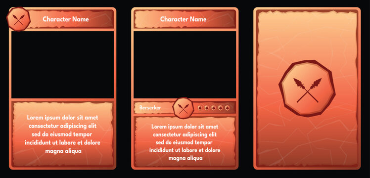 Prehistoric Crystal Themed game trading card templates with an Orange gradient color. Customizable vector design for TCG, RPG, and character cards. Features slots for player name and description.