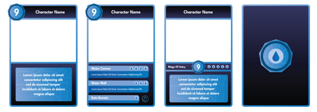 Water element Themed game trading card templates with an three color. Customizable vector design for TCG, RPG, and character cards. Features slots for player name and description.