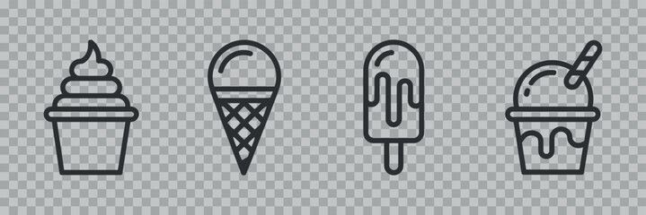 A collection of four different black line art depictions of frozen desserts including ice cream popsicles and a sundae
