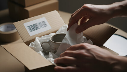 Hands Packing Ceramic Mug in Cardboard Box for E-commerce Shipping and Small Business Delivery Fulfillment