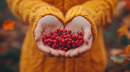 Hands holding a heart-shaped cluster of red berries in autumn