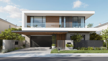 Modern house exterior with balcony and large windows