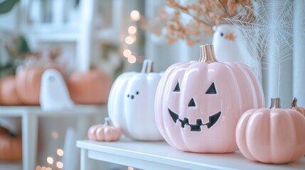 A display of pastel-colored pumpkins with painted faces on a white shelf in a bright room