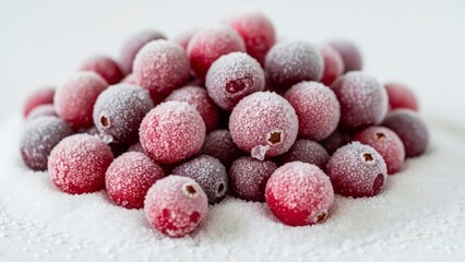 Pile of Frozen Blueberries with Frosty Coating on White Background.