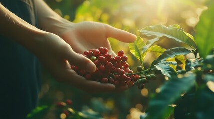 Hands holding fresh coffee berries amidst lush green foliage in a sunlit plantation