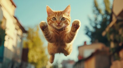 An orange tabby cat leaps joyfully through the air in a sunny suburban street scene viewed from a low angle.