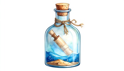 Watercolor illustration of a message in a bottle on a white background