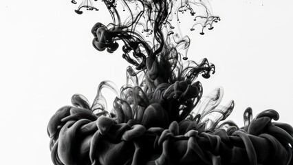 Dynamic Black Ink Spreading in Water Against a White Background.