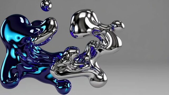 Blue and silver liquid metal blobs continuously rotating, metallic fluid morph seamless loop 4K
