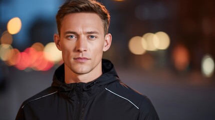 Young man posing in urban commuter jacket with reflective accents at night  