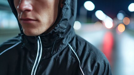 Young man wearing urban commuter jacket in night city environment, concept of Stealth reflective accents  