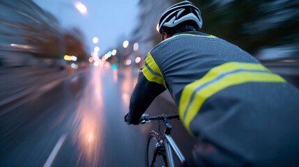 Cyclist riding through wet city street at night with reflective accents  