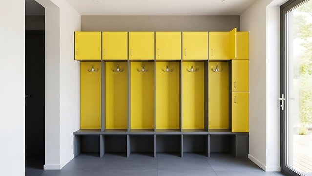 Modern yellow locker room seating with hooks in a clean indoor space, interior design, minimalist view, functional storage concept