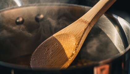 A wooden spoon stirring in a steaming pot on a stovetop, indicating cooking.