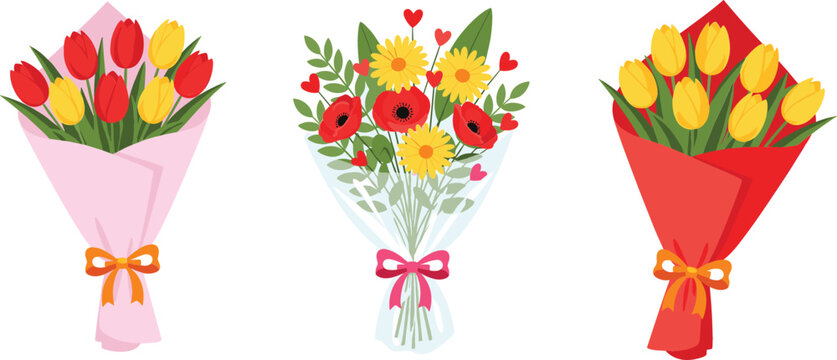 Set of colorful flower bouquets vector illustrations with tulips, daisies, and poppies wrapped in paper, romantic floral arrangements for Mother's Day and spring.
