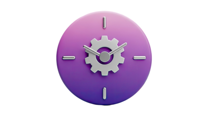 3D Clock Icon with Gear Center and Purple Gradient