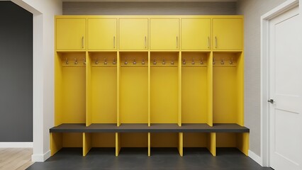Empty modern locker room with yellow lockers and cushioned bench seating, indoor sports facility interior, front view, clean design
