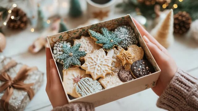 Generative AI. Festive holiday cookies presented in a decorative box held by hands, surrounded by seasonal decorations, creating a warm and inviting atmosphere for celebrations