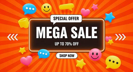 Vibrant mega sale advertisement with up to 70 percent off special offer