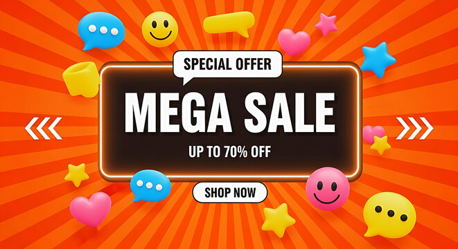 Vibrant mega sale advertisement with up to 70 percent off special offer