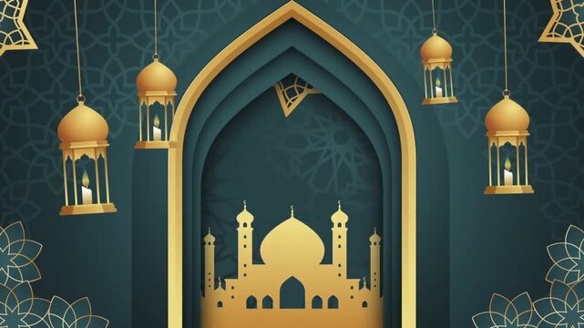 Elegant Islamic archway with golden mosque and lanterns