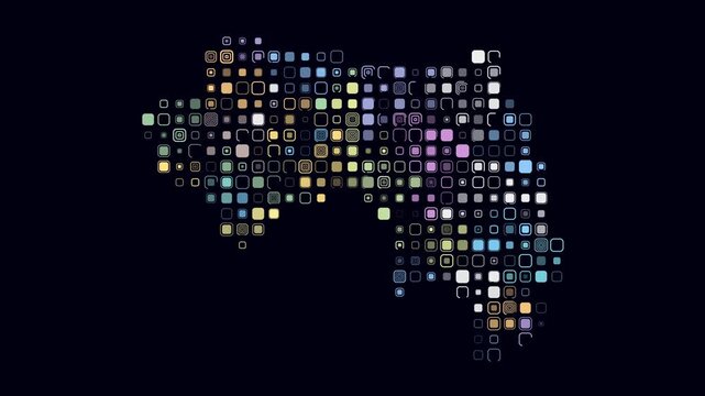 Guinea map animation. Shape of the country with pulsating colored dots. Large size rounded square blocks. Digital style Guinea map on dark background. Abstract video.