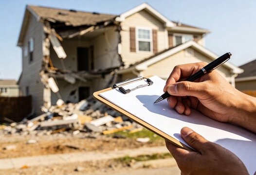 Hand writing on a clipboard assessing severe structural damage to a suburban home after a disaster.