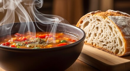 Aromatic steamy tomato soup served with rustic crusty bread slices