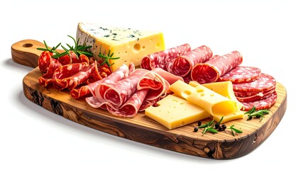 Charcuterie board with assorted meats, cheeses, and garnishes on a wooden surface