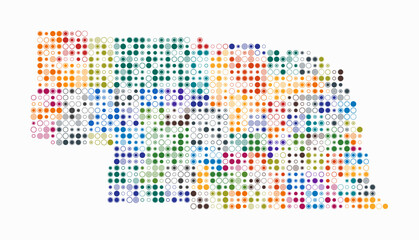 Nebraska, shape of the state build of colored cells. Digital style map of the Nebraska on white background. Small size circle blocks. Artistic vector illustration.