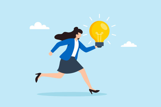Flat illustration of businesswoman running forward while holding glowing lightbulb symbolizing new idea innovation creativity breakthrough solution and inspiration momentum - Powered by Adobe