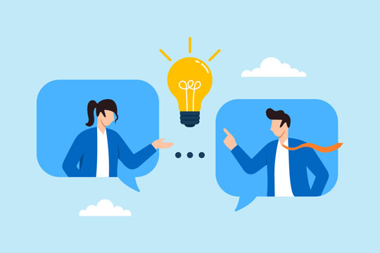 Flat illustration of business colleagues exchanging lightbulb idea through chat bubbles symbolizing communication collaboration teamwork and creative discussion process
