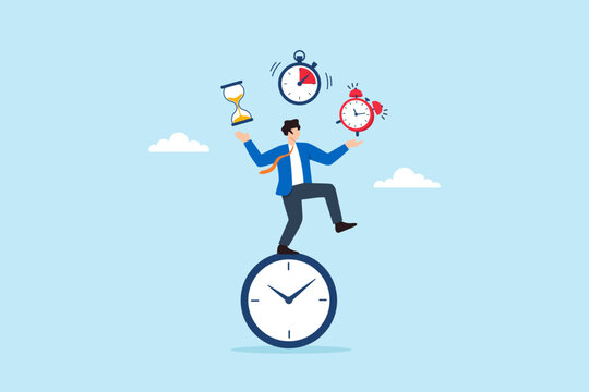 Flat illustration of businessman balancing on clock while juggling hourglass alarm and countdown timer symbolizing time management multitasking deadline pressure and productivity challenge