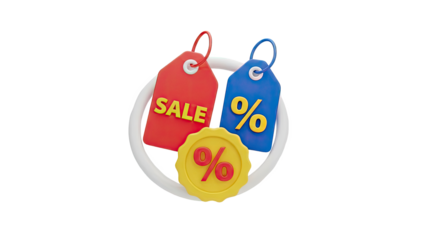 3D Sale Tags and Percent Signs 3D Render on transparent background
