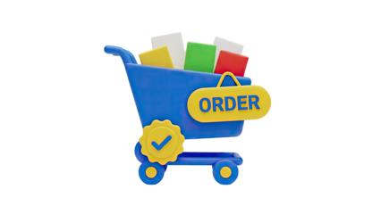 3D Shopping Cart with Order Sign and Checkmark on transparent background