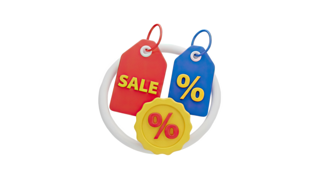 3D Sale Tags and Percent Signs 3D Render on transparent background - Powered by Adobe