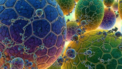 Vibrant abstract 3D rendering showcasing a complex network of interconnected microscopic cellular structures, illustrating intricate biological or biotechnological systems
