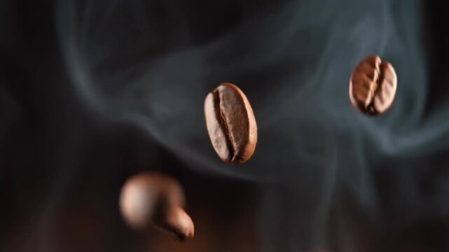 Close up roasted coffee beans in motion with sharp focus against blurred background creating rich texture and aesthetic coffee scene