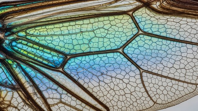 Close-up macro view of a delicate insect wing showcasing its intricate venation and stunning iridescent colors, a natural marvel of biological design