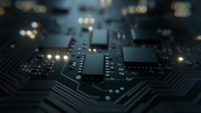 Macro shot of detailed electronic circuit board with microchips and conductive pathways highlighting technology, data processing, and hardware complexity