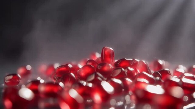 Close up vibrant red pomegranate seeds falling in sharp focus against dark reflective background with atmospheric lighting emphasizing texture, motion, and depth
