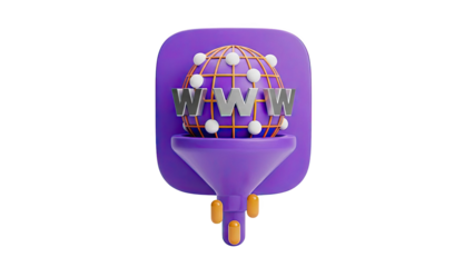 3D WWW icon with globe and funnel symbolizing internet on transparent background