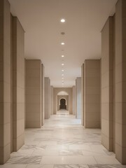 Symmetrical perspective showcases interior architecture and hallway design