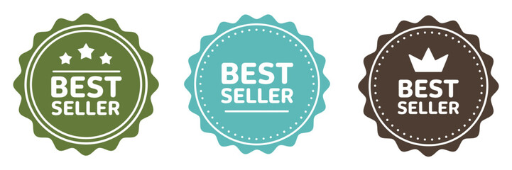 Set of Best Seller Stickers, Badges, Labels, Vector Illustration, Featuring Promotional Emblems, Sales Tags, Award Graphics