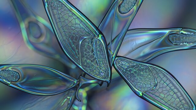 Close-up of iridescent insect wing structures with intricate veining, showcasing ethereal beauty and the delicate patterns of nature through a macroscopic lens