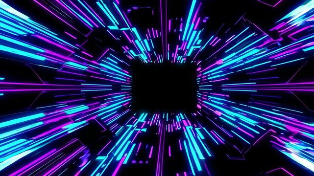 Cyan purple neon light streaks rushing into central black void tunnel, hyperspeed portal loop 4K
