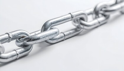 Obraz premium Close-up of a silver metal chain, slightly angled, lying on a white surface