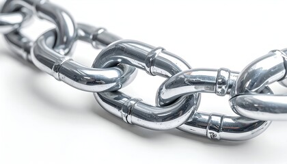 Obraz premium Close-up of a shiny silver chain, interlinked, lying on a white background